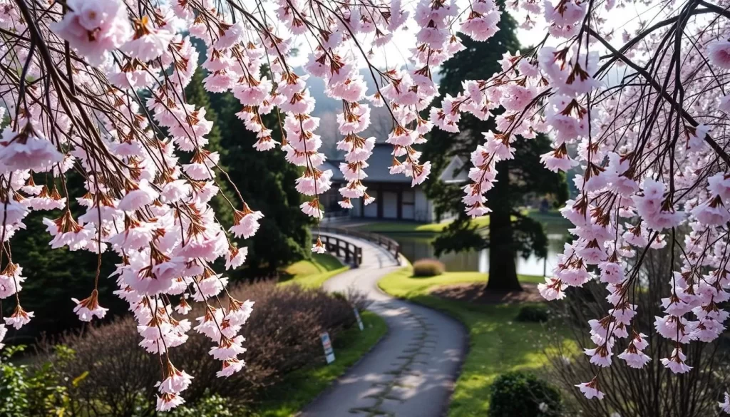 A lush, verdant spring scene in Fukushima Prefecture, Japan. In the foreground, delicate cherry blossoms in full bloom cascade gracefully, their soft pink petals dancing in the gentle breeze. The middle ground features a winding path leading through the floral display, flanked by towering trees and shrubs. In the background, a traditional wooden bridge arches over a serene pond, its calm waters reflecting the beautiful blooms above. The lighting is soft and diffused, creating a warm, inviting atmosphere. The entire scene conveys the tranquil, picturesque essence of cherry blossom season in this region of Japan.