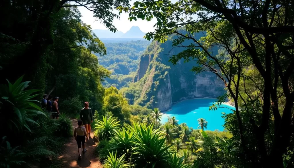 A lush, verdant trail winds through the dense, verdant foliage of the Guatemalan jungle, leading hikers on a scenic path towards the iconic viewpoint of El Mirador. Sunlight filters through the canopy, casting a warm, golden glow over the scene. In the foreground, the trail is lined with vibrant flora, while in the middle ground, towering limestone formations rise up, creating a dramatic backdrop. In the distance, the sweeping vista of the Semuc Champey pools can be seen, the turquoise waters shimmering invitingly. The overall atmosphere is one of tranquility and adventure, perfectly capturing the essence of this stunning natural wonder.