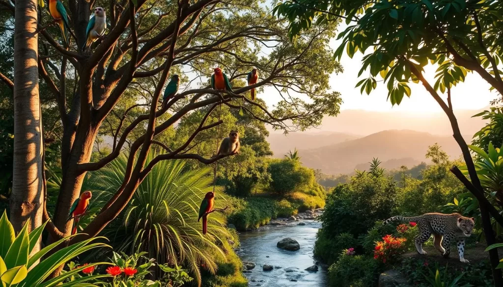 A lush, verdant tropical landscape in Costa Rica, bathed in warm afternoon sunlight. In the foreground, a vibrant array of colorful birds perched on the branches of towering trees, their feathers shimmering. Monkeys swinging playfully between the canopies, while a sleek jaguar prowls cautiously in the undergrowth. The middle ground reveals a crystal-clear stream winding through the scene, its banks dotted with vibrant flowers. In the distance, rolling hills and misty mountains create a serene, picturesque backdrop. The overall mood is one of abundant, thriving wildlife in a peaceful, naturalistic setting.