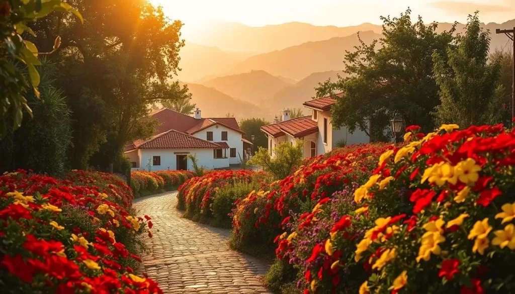 A lush, vibrant landscape along the picturesque Ruta de las Flores in El Salvador. In the foreground, a winding cobblestone path cuts through a riot of colorful blooms - vibrant red, yellow, and purple flowers that sway in the gentle breeze. In the middle ground, traditional whitewashed buildings with red-tiled roofs peek out from between the trees, their charm complemented by the surrounding mountains that rise up in the distance. Warm, golden sunlight bathes the scene, casting a magical glow and highlighting the region's natural beauty. The overall atmosphere evokes a sense of tranquility and wonder, perfectly capturing the essence of this enchanting Salvadoran destination.