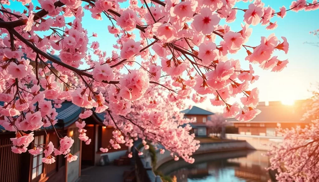 A lush, vibrant scene of cherry blossoms in full bloom, adorning the tranquil streets of a quaint town in Ehime Prefecture, Japan. The soft, delicate petals drift gently on a light breeze, creating a dreamy, ethereal atmosphere. In the foreground, a picturesque alley is lined with rows of cherry trees, their branches laden with delicate pink flowers. In the middle ground, a tranquil river reflects the blushing blooms, creating a serene, mirror-like surface. The background features traditional Japanese architecture, with tiled roofs and paper-screen windows, set against a clear, azure sky. The scene is bathed in warm, golden light, casting a gentle, romantic glow over the entire landscape. Overall, the image conveys the beauty, serenity, and charm of springtime in Ehime Prefecture.