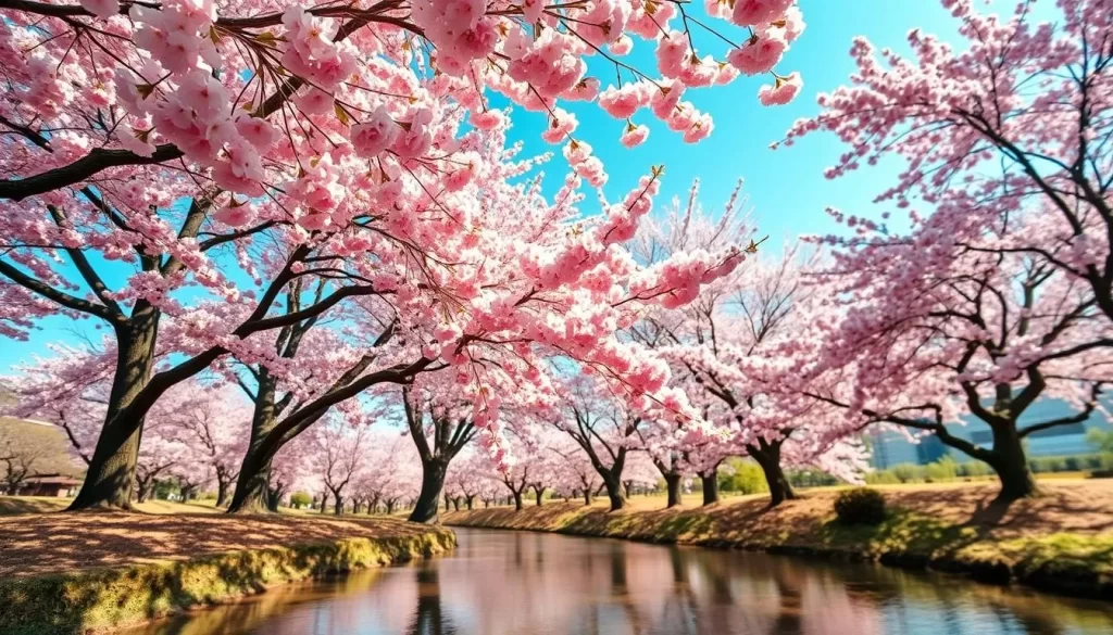 A lush, vibrant scene of cherry blossoms in full bloom, their delicate pink petals cascading gracefully against a clear blue sky. The trees stand tall and proud, their branches gently swaying in a soft, warm breeze. In the foreground, a peaceful stream or pond reflects the beautiful blooms, creating a serene and tranquil atmosphere. The background is filled with the gentle hues of springtime, with a hint of Mount Fuji or other iconic Kansai landmarks peeking through the distance. The lighting is soft and natural, casting a warm glow over the entire scene. Captured with a wide-angle lens to encompass the splendor of the moment, this image evokes the essence of springtime in the Kansai region of Japan.