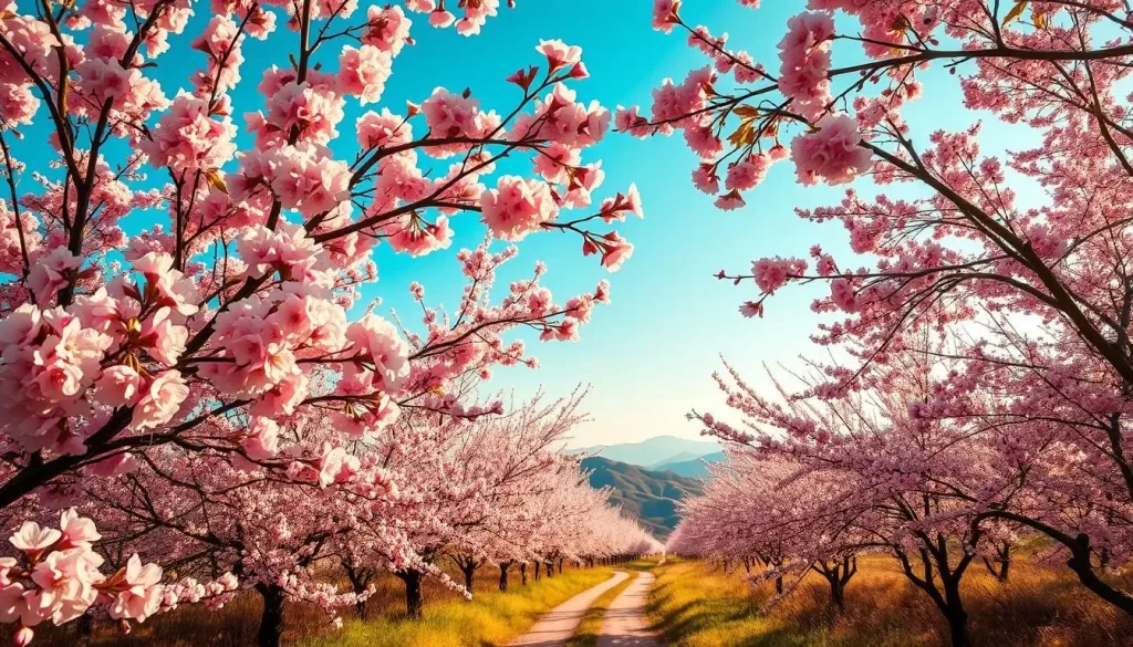 A lush, vibrant scene of cherry blossoms in full bloom, their delicate pink petals gently swaying in a light breeze. The foreground is dominated by a cluster of blossoming trees, their branches reaching towards a clear azure sky. In the middle ground, a serene path winds through the trees, inviting the viewer to stroll amidst the floral splendor. The background features rolling hills and distant mountains, creating a sense of depth and tranquility. The lighting is soft and diffused, casting a warm, golden glow over the entire landscape. The overall mood is one of springtime beauty, serenity, and the fleeting nature of these beloved blooms.