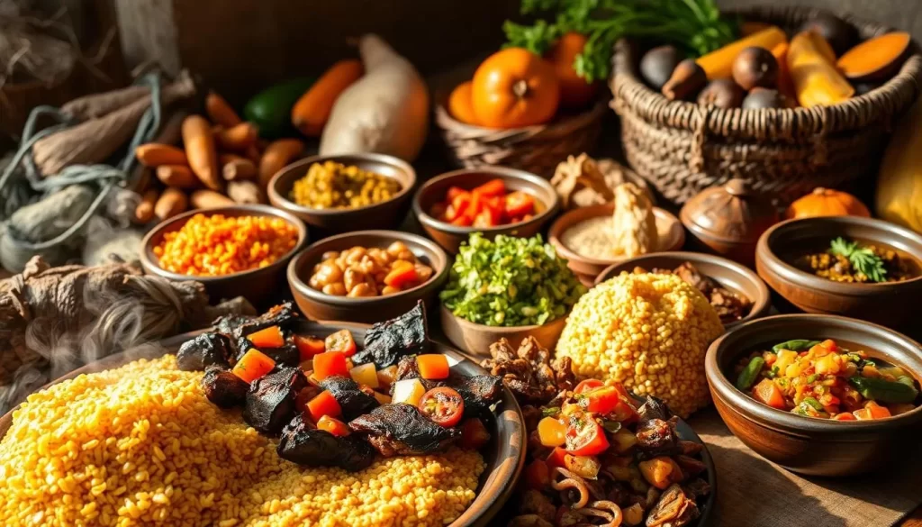 A lush, vibrant spread of traditional Rwandan dishes, captured in a warm, natural light. In the foreground, a steaming platter of grilled nyama choma (roasted meat) and ugali (maize porridge), accompanied by a colorful pile of kachumbari (tomato and onion salad). In the middle ground, a selection of savory stews, such as isombe (cassava leaves) and ikivuguto (fermented milk), served in earthenware bowls. In the background, a woven basket overflows with vibrant, freshly harvested vegetables and tubers, including sweet potatoes, beans, and pumpkin. The overall scene exudes the rich, earthy tones and satisfying aromas of traditional Rwandan cuisine, inviting the viewer to savor the flavors of this unique culinary heritage.