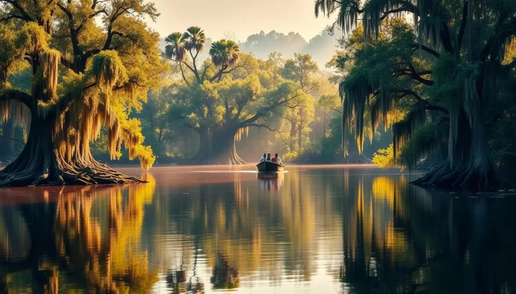 A lush, vibrant wetland landscape of the Honey Island Swamp in Louisiana. In the foreground, a serene bayou with calm, mirror-like waters reflecting the surrounding foliage. Clusters of towering bald cypress trees, draped in Spanish moss, line the banks. In the middle ground, a small wooden boat drifts peacefully, its occupants taking in the tranquil scene. The background features a hazy, sun-dappled forest, with rays of warm light filtering through the canopy. The overall atmosphere is one of natural beauty, serenity, and the essence of the Louisiana swamplands.