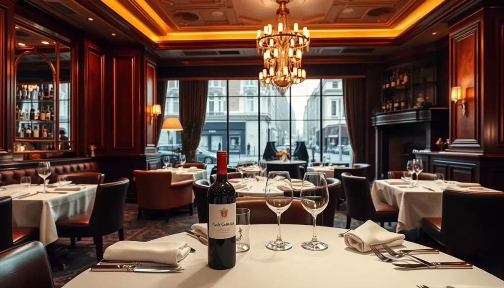 A luxurious steakhouse interior in London, with warm lighting and an elegant, inviting atmosphere. In the foreground, a lavish table setting with pristine white tablecloths, gleaming silverware, and a bottle of fine red wine. Middle ground features plush leather armchairs and a polished wood bar, while the background showcases a grand, ornate fireplace and floor-to-ceiling windows overlooking the bustling streets of the city. The scene conveys a sense of refined sophistication and the culmination of London's thriving steak scene.