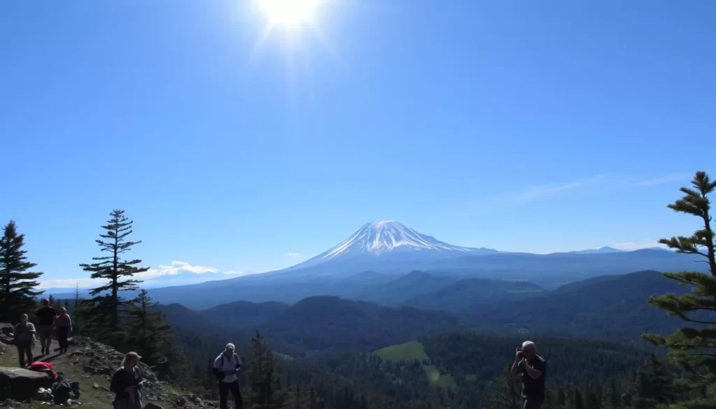 A majestic Acatenango Volcano looms in the distance, its snow-capped peak piercing the azure sky. Hikers ascend the rugged trail, navigating a lush landscape of verdant pine forests and rocky outcroppings. Sunlight filters through the canopy, casting a warm glow over the scene. In the foreground, a group of adventurers pause to admire the breathtaking vistas, capturing the moment with their cameras. The atmosphere is one of exhilaration and achievement, as they prepare to summit the volcano and witness the stunning panorama below.