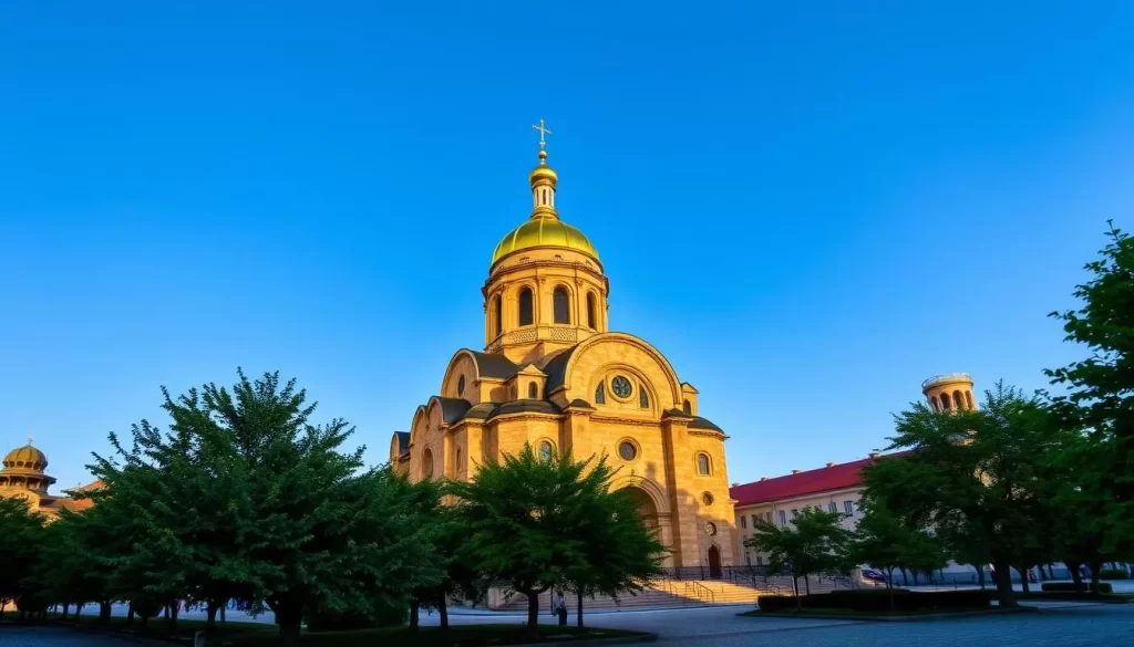 A majestic Eastern Orthodox church, the Church of the Assumption of the Holy Mother, stands proudly against a clear blue sky. Its golden domes and intricate stone facade glimmer in the warm afternoon sunlight. The church's towering bell tower, with its distinctive spire, casts a long shadow across the cobblestone square. In the foreground, lush green trees and well-tended gardens frame the sacred building, creating a serene and peaceful atmosphere. The scene exudes a sense of timeless spiritual significance, inviting visitors to pause and appreciate the rich history and cultural heritage of this remarkable religious site.