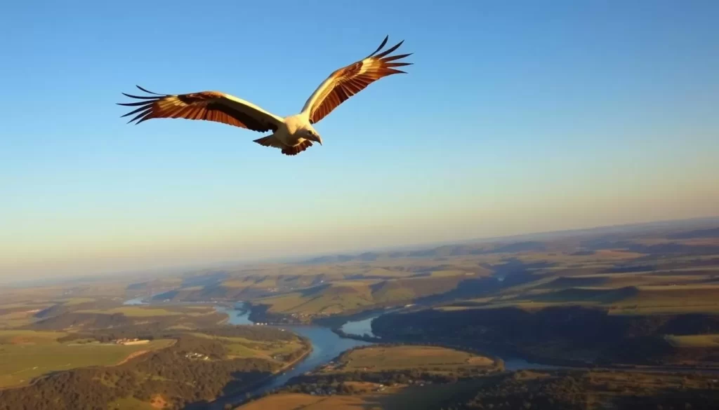 A majestic Griffon Vulture soaring gracefully against a clear blue sky, its massive wings outstretched as it glides effortlessly on the thermals. The bird's powerful beak and sharp talons are visible, hinting at its impressive hunting abilities. The ground below is dotted with lush, rolling hills, with a winding river cutting through the landscape. The scene is bathed in warm, golden light, creating a serene and natural atmosphere. Capture the essence of the Griffon Vulture in its natural habitat, showcasing its impressive size and awe-inspiring presence.