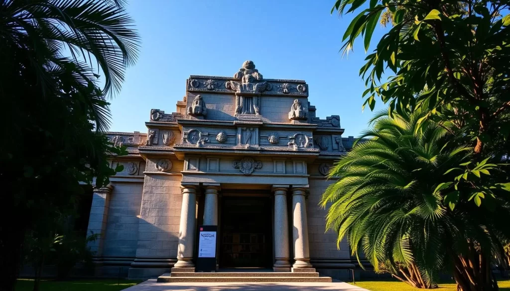 A majestic Mayan-style stone structure stands proudly, its intricate carvings and columns casting long shadows in the warm afternoon light. The museum's grand entrance invites visitors to explore the rich cultural heritage of Copán, Honduras. Lush tropical foliage frames the scene, creating a serene and picturesque atmosphere. The museum's well-curated exhibits are visible through the open doorways, hinting at the wealth of knowledge and artifacts waiting to be discovered inside. A clear blue sky overhead completes the tranquil, contemplative mood, making this museum an ideal destination for those seeking to immerse themselves in the history and traditions of the Mayan civilization.