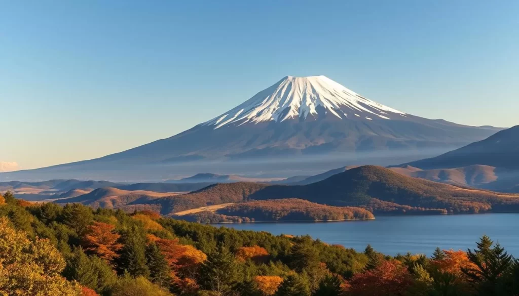 A majestic Mount Fuji standing tall, its snow-capped peak piercing the azure sky. Lush, verdant forests in the foreground give way to rolling hills, while a tranquil lake reflects the mountain's serene beauty. Warm sunlight bathes the scene, casting soft shadows and illuminating the changing foliage - vibrant reds and golds in autumn, delicate pinks in spring, lush greens in summer. A wide-angle lens captures the grandeur of this iconic Japanese landscape, inviting the viewer to experience the seasonal transformations of this awe-inspiring natural wonder.