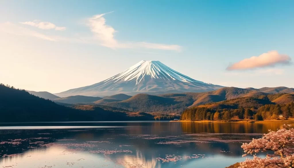 A majestic Mount Fuji stands tall, its snow-capped peak piercing the azure sky. In the foreground, a serene lake reflects the mountain's grandeur, its calm waters dotted with floating cherry blossoms. Rolling hills, lush with verdant forests, frame the scene, creating a harmonious landscape bathed in warm, golden sunlight. Wispy clouds drift lazily overhead, adding to the tranquil atmosphere. Capture the essence of this iconic landmark, framed by the natural beauty of its surrounding environment, in a stunning wide-angle photograph.