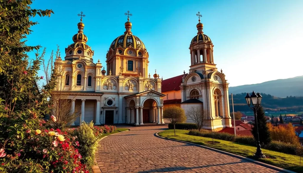 A majestic Serbian Orthodox church with ornate spires and domes, bathed in warm, golden sunlight. The facade features intricate carvings and colorful frescoes, casting a serene and reverent atmosphere. In the foreground, a cobblestone path leads to the grand entrance, surrounded by blooming flowers and lush greenery. The middle ground reveals the church's towering bell tower, its bells silently ringing. In the background, a picturesque town nestled among rolling hills and a clear, azure sky completes the idyllic scene.