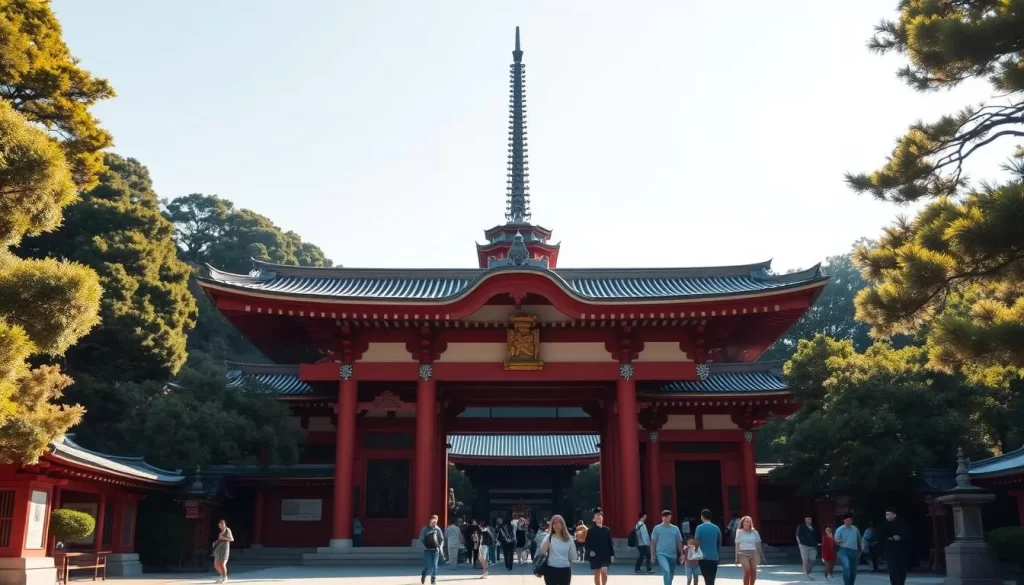 A majestic Shinto shrine nestled in the lush greenery of Ueno Park, Tokyo. The vermilion-lacquered Ueno Toshogu Shrine stands tall, its intricate architectural details and ornate carvings casting captivating shadows in the warm afternoon sun. Visitors meander through the tranquil grounds, passing under the towering torii gates and pausing to admire the elegant pagoda and ornamental roofs. The shrine's peaceful atmosphere and harmonious blending with the surrounding natural landscape create a serene and contemplative scene, perfect for those seeking a respite from the bustling city.