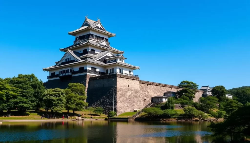 A majestic and imposing castle nestled in the heart of Kumamoto, Japan. Standing tall against a clear blue sky, its towering walls and ornate architecture exude a sense of history and power. The castle's iconic keep, adorned with distinctive black-tiled roofs, rises proudly, commanding attention from the surrounding lush greenery. In the foreground, a tranquil pond reflects the castle's grandeur, creating a serene and picturesque scene. Visitors stroll along the castle's grounds, marveling at the intricate details and soaking in the aura of this remarkable Japanese landmark.