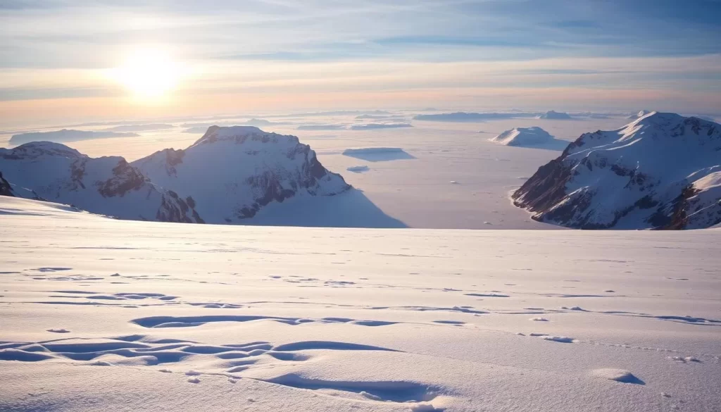 A majestic arctic landscape unfolds, where jagged peaks of Svalbard and Jan Mayen rise from the icy waters. In the foreground, a vast expanse of pristine snow glistens under the soft, golden light of the sun, casting long shadows across the untouched terrain. In the middle ground, a frozen fjord stretches out, its surface mirroring the towering mountains that flank it. In the distance, the horizon is dotted with glaciers and ice floes, creating a serene and otherworldly atmosphere. The overall scene evokes a sense of remoteness and untamed wilderness, capturing the essence of the Arctic frontier.