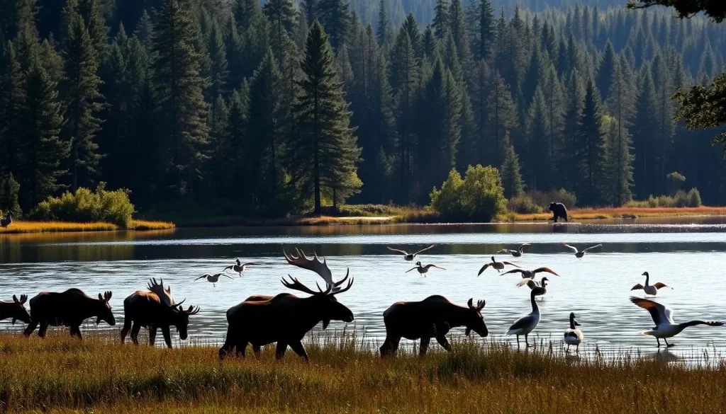 A majestic boreal forest, sunlight filtering through the dense canopy, casting a warm glow on a pristine lake. In the foreground, a family of moose grazes peacefully, their massive antlers silhouetted against the sparkling water. Ducks and geese glide across the surface, their graceful movements mirrored in the still reflection. On the far shore, a black bear emerges from the undergrowth, pausing to survey the tranquil scene. The air is filled with the calls of songbirds and the gentle rustling of leaves, creating a harmonious symphony of nature. This idyllic wilderness setting captures the essence of the hiking and wildlife viewing opportunities at Lake Athapapuskow, Manitoba.