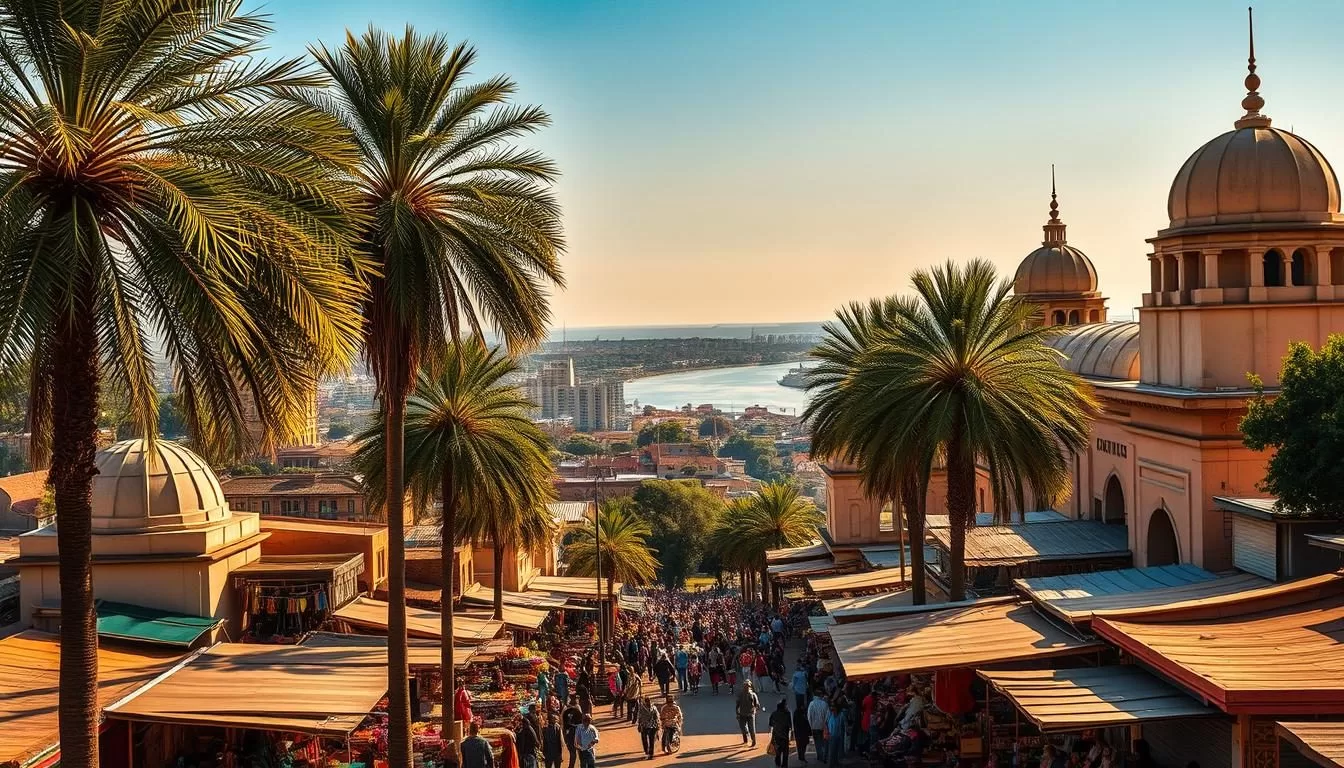 A majestic cityscape of Bangui, the capital of the Central African Republic, bathed in warm, golden sunlight. In the foreground, bustling street markets filled with vibrant fabrics, local artisanal wares, and the energetic chatter of vendors. Towering palm trees sway gently, casting soft shadows across the lively scene. The middle ground reveals the iconic domes and spires of grand colonial-era buildings, interspersed with modern high-rises. Further in the distance, the mighty Oubangui River winds through the city, its glimmering waters reflecting the clear blue sky. An atmosphere of cultural richness and timeless charm pervades this heart of Central Africa.