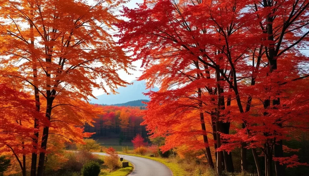 A majestic display of vibrant autumn foliage in a serene Japanese landscape. Towering maple trees in the foreground burst with hues of crimson, amber, and gold, their leaves gently swaying in the crisp breeze. In the middle ground, a winding path leads through a forest of fiery reds and deep oranges, inviting the viewer to explore. The background features a distant mountain range, its peaks capped with a dusting of snow, creating a stunning contrast against the warm autumnal tones. Soft, diffused lighting filters through the canopy, casting a warm, golden glow over the entire scene. The tranquil atmosphere and natural beauty evoke a sense of calm and wonder, perfectly capturing the essence of autumn in Aomori Prefecture, Japan.