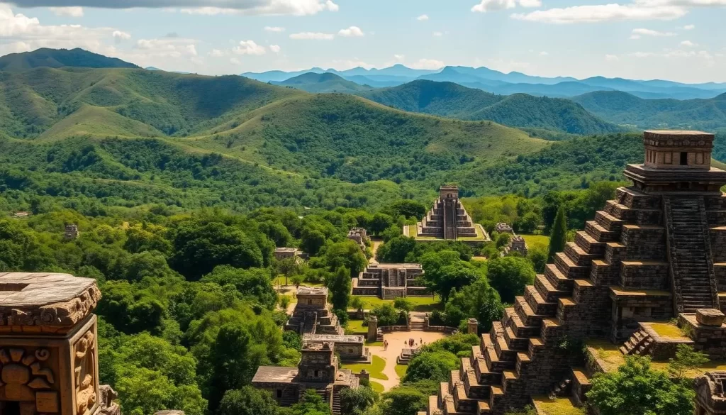 A majestic illustration of the ancient ruins of Copan, Honduras, set against a backdrop of lush, verdant hills. In the foreground, intricate stone carvings and towering pyramids stand in quiet contemplation, their weathered surfaces bathed in warm, golden sunlight. The middle ground reveals a network of winding pathways, flanked by verdant foliage and the occasional glimpse of a crumbling architectural wonder. In the distance, the rolling hills undulate, their hazy silhouettes receding into a clear, azure sky, creating a sense of timeless tranquility. Capture the essence of this hidden gem, a testament to the rich cultural legacy of the Maya civilization.