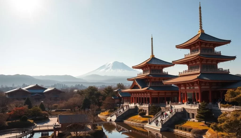 A majestic imperial palace nestled in the heart of Tokyo, Chiyoda-ku. The towering pagodas and ornate architecture command attention, their intricate details illuminated by warm, golden sunlight. Visitors stroll along the tranquil gardens, koi ponds reflecting the surrounding architecture. In the distance, the iconic Fujisan mountain peaks rise, creating a breathtaking backdrop. The atmosphere is one of serene elegance, inviting exploration and contemplation. Capture this iconic landmark in all its splendor, showcasing the best of Chiyoda-ku's timeless beauty.