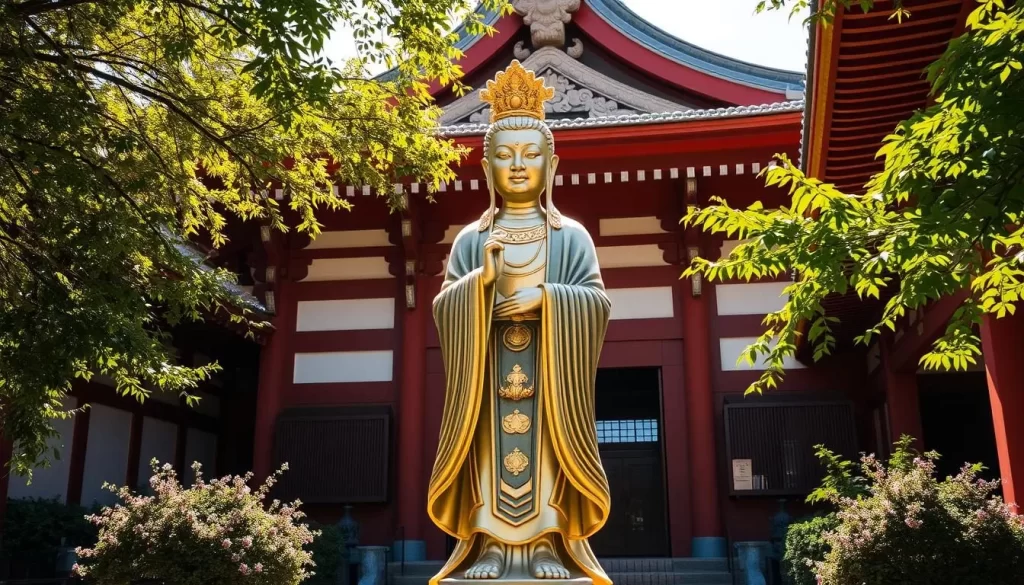 A majestic kannon statue standing tall and serene in the sun-dappled courtyard of Sensō-ji Temple. The iconic bodhisattva of compassion gazes benevolently, adorned in flowing robes and a serene expression. The statue's intricate details and gilded accents gleam in the warm natural light, creating a sense of tranquility and reverence. Lush greenery and traditional architecture frame the scene, transporting the viewer to the heart of this ancient Buddhist sanctuary. The kannon's graceful pose and the peaceful ambiance convey the legend of this sacred object's miraculous discovery and enshrinement within the temple's hallowed halls.