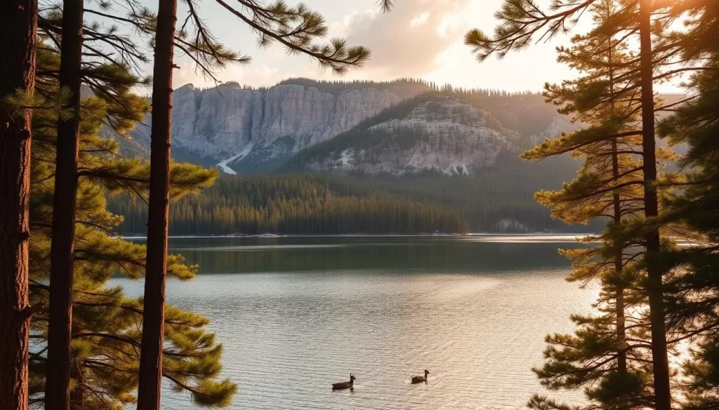 A majestic landscape emerges, where rugged cliffs rise from the serene waters of Asessippi Provincial Park. Warm sunlight bathes the verdant forests, casting a golden glow over the winding trails that invite exploration. In the foreground, a crystal-clear lake reflects the surrounding natural splendor, its tranquil surface dotted with the gentle ripples of wildlife. Towering pine trees frame the scene, their branches swaying gently in the soft breeze. Capture the essence of this hidden gem, where the boundless beauty of Manitoba's wilderness is on full display, beckoning visitors to immerse themselves in the serene majesty of Asessippi.