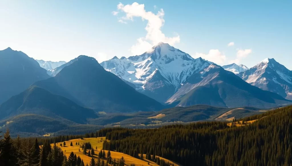 A majestic landscape of jagged, snow-capped peaks rises against a clear, azure sky. The Japanese Alps, with their rugged grandeur, dominate the foreground, their steep, angular faces casting dramatic shadows across the scene. In the middle ground, lush, verdant forests and alpine meadows offer a tranquil counterpoint to the towering summits. Warm, golden sunlight filters through wispy clouds, illuminating the scene with a serene, natural glow. The overall atmosphere is one of awe-inspiring natural beauty, capturing the essence of the "Heart of the Japanese Alps" in all its untamed, breathtaking glory.