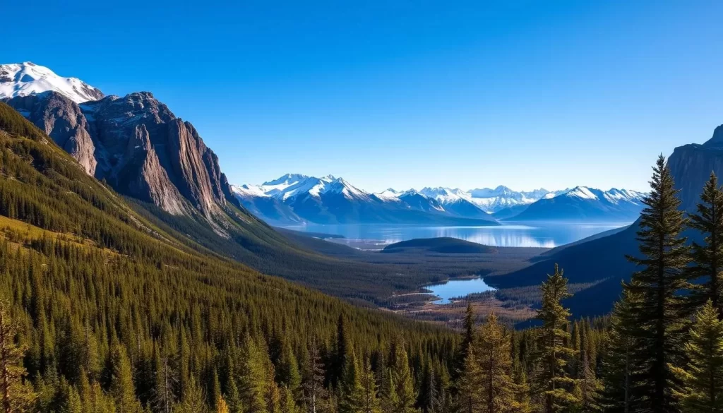 A majestic landscape of the Northwest Territories, Canada, on a bright and clear day. In the foreground, a vast expanse of pristine boreal forest, the evergreen canopy shimmering in the warm sunlight. Beyond, a series of rolling hills and rugged mountains, their peaks capped with snow reflecting the azure sky. In the distance, a serene lake, its surface mirroring the surrounding scenery in a mesmerizing display. Towering rock formations and glacial valleys add depth and drama to the scene, while the overall mood conveys a sense of tranquility and awe-inspiring natural beauty.