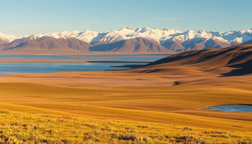 A majestic landscape of the Saoyú-ʔehdacho National Historic Site, situated on the shores of the expansive Great Bear Lake in the Northwest Territories. Rolling tundra stretches out to the horizon, dotted with vibrant wildflowers and glistening lakes. Rugged, snow-capped mountains rise in the distance, casting long shadows over the serene scene. A warm, golden light bathes the area, creating a tranquil and inviting atmosphere. Capture the grandeur of this pristine, untouched wilderness, showcasing the natural beauty and cultural significance of this important historic site.