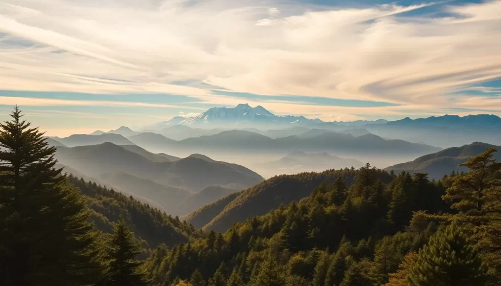 A majestic mountain landscape in Nagano Prefecture, Japan, bathed in soft, warm light. In the foreground, a lush, verdant forest covers the foothills, with towering evergreen trees swaying gently in the breeze. The middle ground reveals snow-capped peaks reaching towards the heavens, their jagged silhouettes casting dramatic shadows across the rolling hills. The background is dominated by a vast, azure sky, dotted with wispy, cloud formations that gently drift overhead, casting a tranquil, serene atmosphere. The scene is illuminated by a golden, sun-dappled lighting, creating a picturesque, weather-savvy landscape that captures the essence of Nagano's captivating climate and weather patterns.
