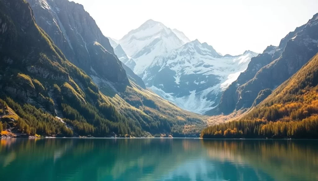 A majestic mountain range reaching towards the heavens, the snow-capped peaks of Mount Hakusan glisten in the warm sun. Rugged ridges and jagged cliffs cascade down the mountainsides, adorned with lush, verdant forests. In the foreground, a serene alpine lake reflects the towering silhouette, its crystal-clear waters mirroring the dramatic landscape. The scene is illuminated by soft, diffused lighting, creating a sense of tranquility and awe. Capture the grandeur and natural splendor of this sacred, revered mountain, a testament to the raw power and timeless beauty of Japan's wilderness.