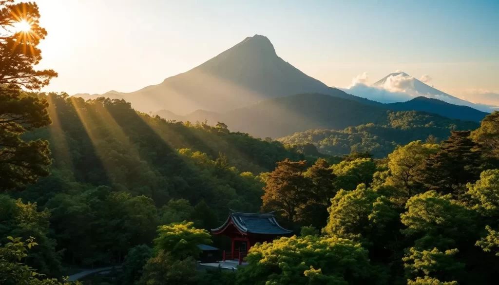 A majestic mountain range stands tall, its peaks piercing the azure sky. Lush, verdant forests cloak the slopes, shrouding the secrets of the Kirishima mountains. In the foreground, a mystical shrine nestles amidst the foliage, its intricate architecture and crimson torii gate hinting at the region's deep-rooted spiritual significance. Rays of warm, golden light filter through the canopy, casting a serene, otherworldly glow upon the scene. In the distance, a misty veil obscures the horizon, adding an air of mystery and legend to this enchanting landscape. Capture the essence of Kirishima's mythological heritage, a place where the divine and the natural intertwine in a harmonious and awe-inspiring display.