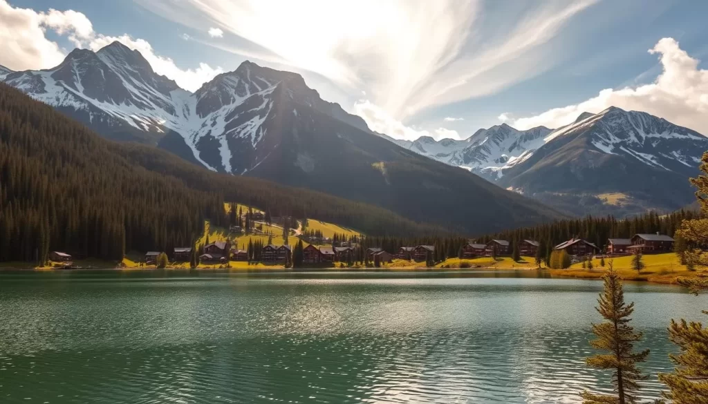A majestic mountain resort nestled in the heart of Idaho's wilderness. Tall, snow-capped peaks frame a picturesque alpine village, with cozy cabins and lodges dotting the lush, green landscape. In the foreground, a pristine lake reflects the surrounding mountains, its calm waters inviting hikers and kayakers to explore. Warm sunlight filters through wispy clouds, casting a golden glow over the scene. The atmosphere is one of tranquility and natural beauty, transporting the viewer to a peaceful mountain oasis. Capture the essence of this idyllic mountain paradise, a true gem of the American West.