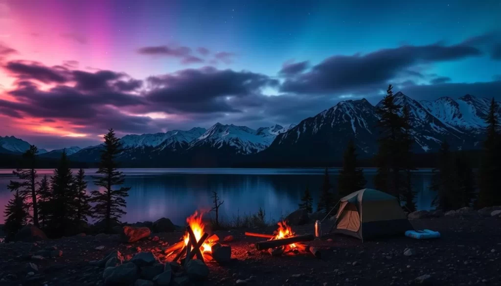 A majestic night under the midnight sun at Great Bear Lake, Northwest Territories. In the foreground, a cozy campsite with a roaring fire, camping gear, and a small tent nestled among the rocks and pines. The middle ground features a serene lake, its waters reflecting the vibrant hues of the sky above. In the background, the rugged, snow-capped mountains rise majestically, bathed in the ethereal glow of the midnight sun. The scene exudes a sense of tranquility and adventure, perfectly capturing the essence of a summer adventure in this stunning northern landscape.