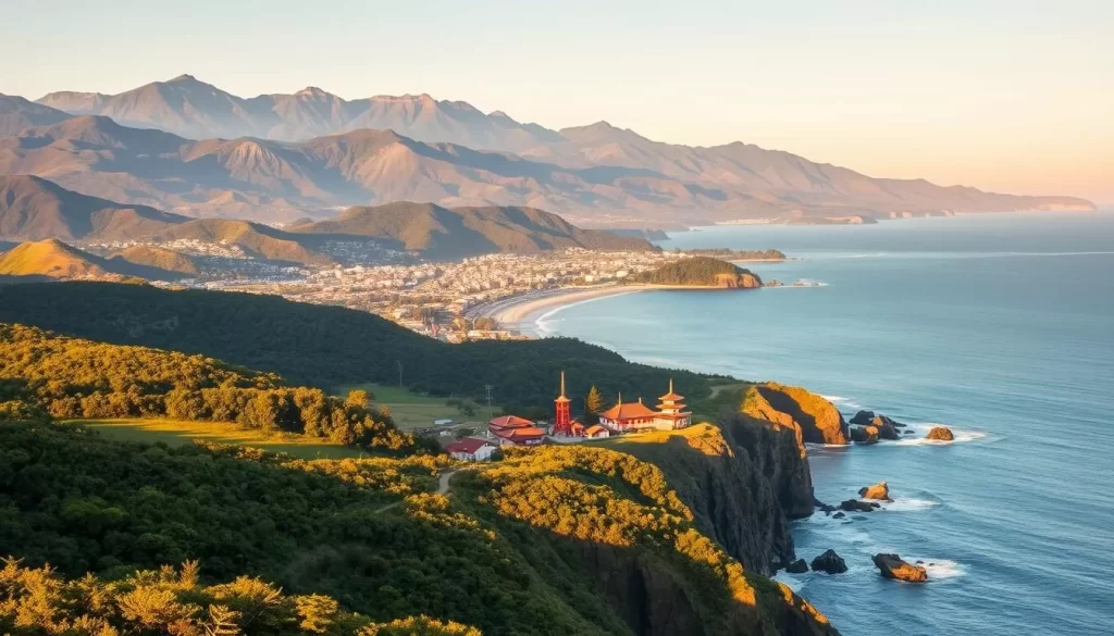 A majestic panorama of the Izu Peninsula, Japan, bathed in warm golden sunlight. In the foreground, rolling hills covered in lush greenery give way to a serene coastline, where gentle waves lap against rugged cliffs. In the middle ground, traditional Japanese fishing villages and hot spring resorts dot the landscape, their red-tiled roofs and pagodas contrasting with the azure blue of the Pacific Ocean. The background is dominated by the towering volcanic peaks of the peninsula, their slopes shrouded in mist and mystery. The scene exudes a sense of tranquility and natural beauty, inviting the viewer to explore the distinct character of the Eastern and Western regions of this captivating coastal destination.