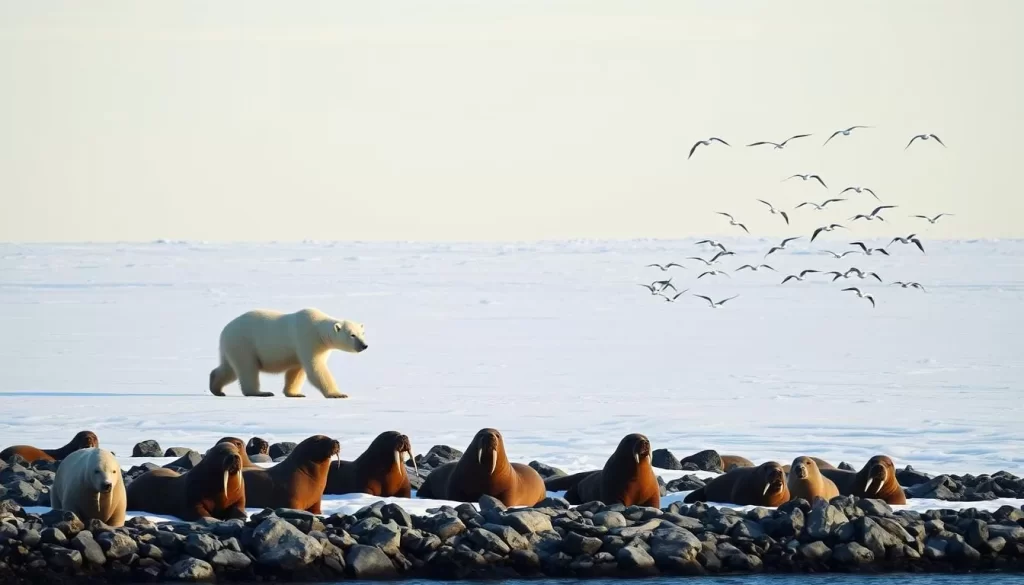A majestic polar bear strolls across the snow-dusted tundra of Svalbard, its powerful frame silhouetted against the crystal-clear Arctic sky. In the foreground, a pod of walruses basks on the rocky shoreline, their tusks glinting in the soft, diffused daylight. Farther away, a flock of arctic terns soars gracefully, their delicate wings catching the gentle breeze. The landscape is a tapestry of muted greens, whites, and blues, creating a serene and captivating scene that perfectly captures the essence of wildlife in this awe-inspiring polar region.