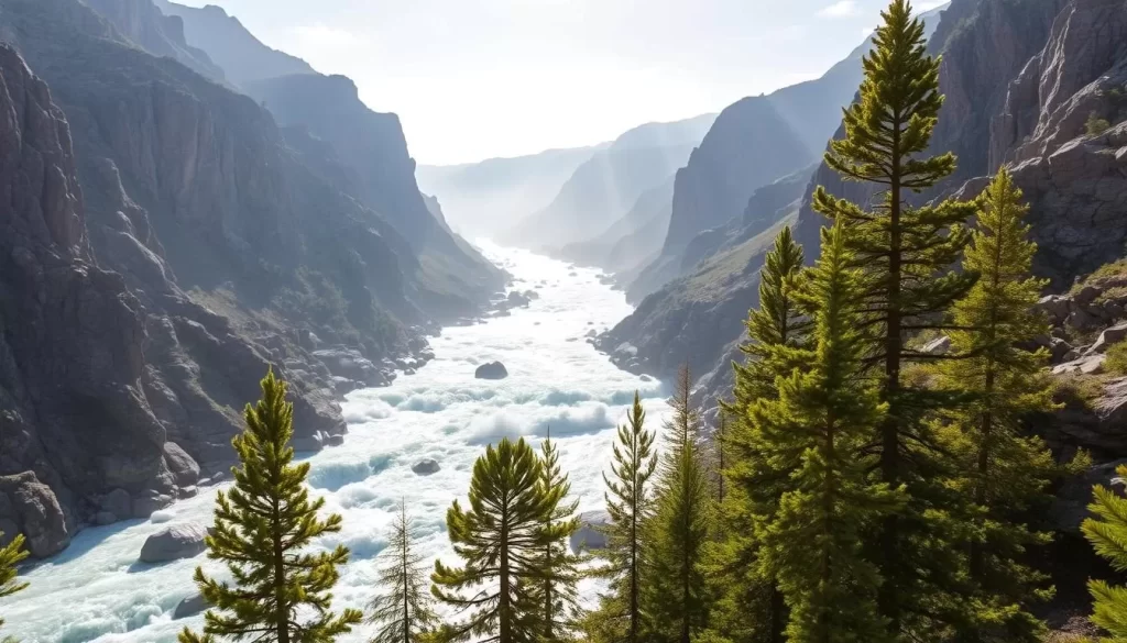 A majestic river weaving through rugged canyon walls, the Slave River Rapids surge and tumble over boulders in a symphony of white water. Sunlight dances across the churning currents, casting shimmering patterns on the rocky cliffs that rise up on either side. In the foreground, lush evergreen trees cling to the steep slopes, their verdant boughs swaying gently in the breeze. The scene exudes a sense of primal power and untamed wilderness, inviting the viewer to experience the thrill and wonder of this remote northern landscape.