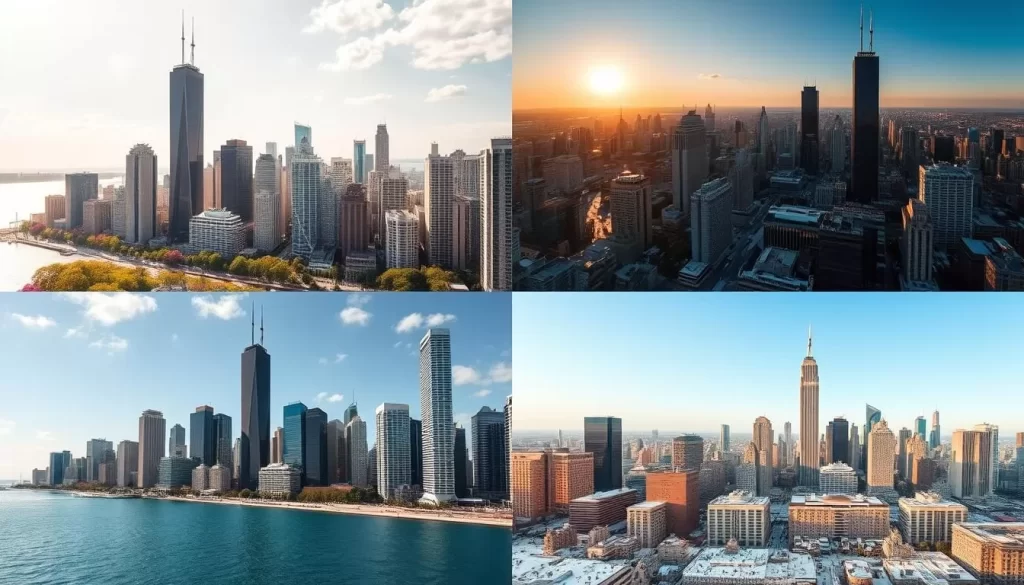 A majestic skyline of Chicago's iconic skyscrapers, captured in four distinct seasons. In spring, the city glows with vibrant blooms and warm sunshine, the towering buildings reflected in the glistening waters of Lake Michigan. Summer brings bustling streets and a hazy, golden hue, while autumn paints the landscape in a rich tapestry of russet and gold. Finally, in winter, the skyline stands resolute against a backdrop of pristine, snow-dusted architecture, the cityscape sparkling under a crisp, clear sky. Diverse perspectives and lighting conditions showcase the city's timeless beauty through the rhythmic cycle of the seasons.