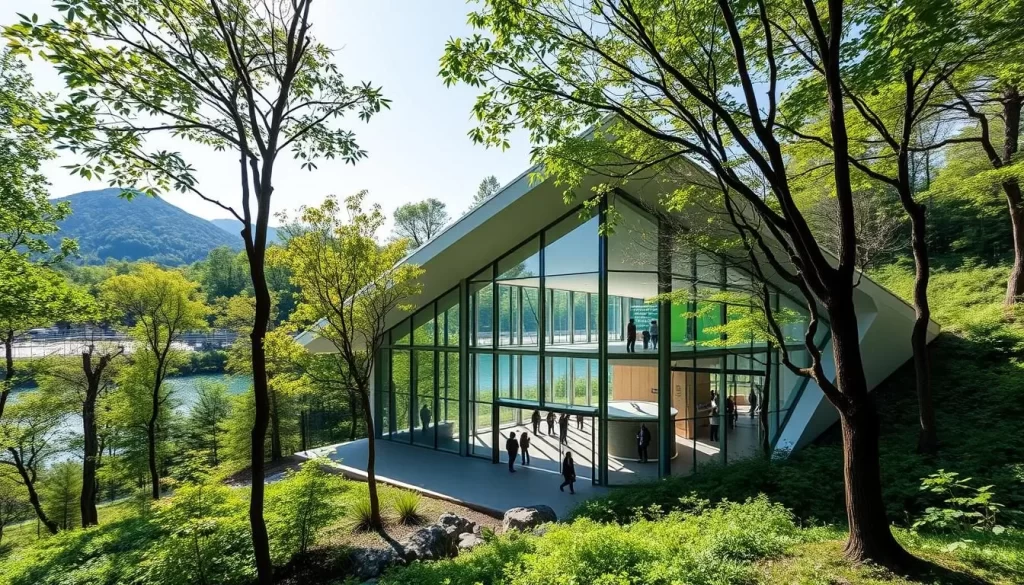 A modern architectural masterpiece nestled amidst the lush greenery of Shikotsu-Toya National Park. The visitor center's sleek, angular lines and expansive glass facades create a seamless integration with the surrounding natural landscape. Sunlight streams in, casting a warm, inviting glow across the minimalist interiors. Visitors are drawn through the entrance, guided by the clean, minimalist design towards interactive exhibits that educate and inspire. The building's thoughtful siting maximizes scenic views of the park's lakes and mountains, offering a immersive experience that connects visitors with the beauty of this protected wilderness.