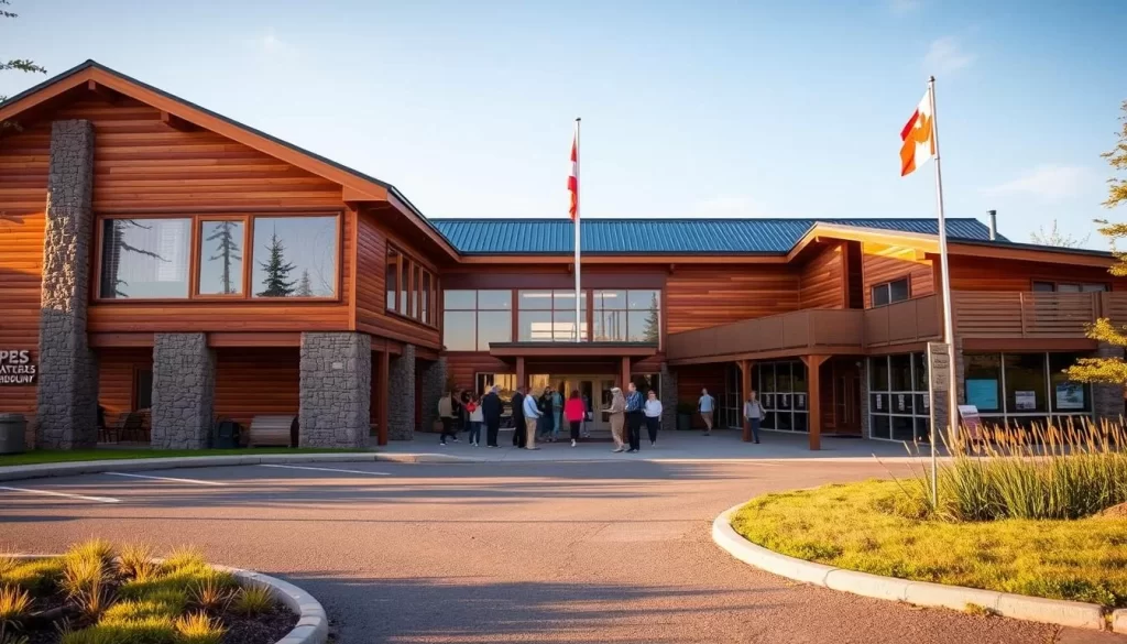 A modern, two-story wooden building with large windows, surrounded by a paved parking lot and a grassy area with native plants. The entrance is flanked by tall stone pillars, and a Canadian flag waves gently in the breeze. The building is bathed in warm, natural light, creating a welcoming atmosphere. Visitors stroll along the pathways, exploring the exhibits and information displays that showcase the natural wonders of Wapusk National Park. The scene conveys a sense of exploration, education, and connection with the great outdoors.