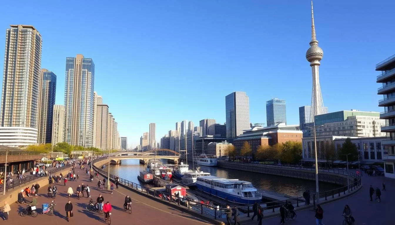 A modern, vibrant cityscape of Rotterdam, Netherlands, capturing the city's distinctive architecture and unique character. Towering skyscrapers of glass and steel rise against a clear, azure sky, their sleek forms mirrored in the calm waters of the Maas River below. In the foreground, bustling pedestrians and cyclists weave through the lively streets, passing by iconic landmarks like the Erasmus Bridge and the Cube Houses. The middle ground features the historic Oude Haven harbor, its quaint, colorful buildings juxtaposed with contemporary structures. The background showcases Rotterdam's dynamic blend of old and new, with the iconic Euromast tower and the modern Rotterdam Centraal station creating a harmonious skyline. Warm, vibrant lighting and a crisp, photographic style capture the energy and unique character of this Dutch metropolis.