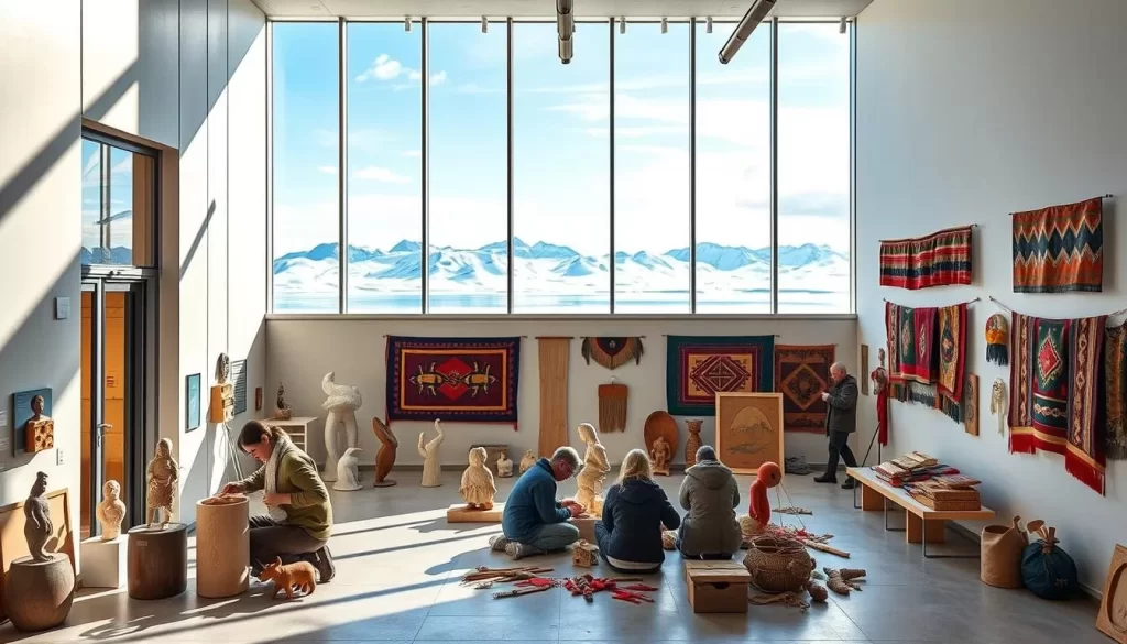 A modern, well-curated Eskimo Museum nestled in the heart of Churchill, Manitoba, Canada. The museum's facade features a sleek, minimalist design, with clean lines and large windows that allow natural light to flood the interior. In the foreground, a group of Inuit artisans carefully crafting intricate sculptures and weavings, their traditional techniques preserved and celebrated. The middle ground showcases a collection of vibrant, colorful wall hangings and textiles, each piece a testament to the rich cultural heritage of the region. In the background, the majestic subarctic landscape can be seen through the museum's panoramic windows, snow-capped peaks and the shimmering waters of Hudson Bay providing a stunning natural backdrop. The overall atmosphere conveys a sense of reverence and appreciation for the Inuit people and their enduring artistic traditions.