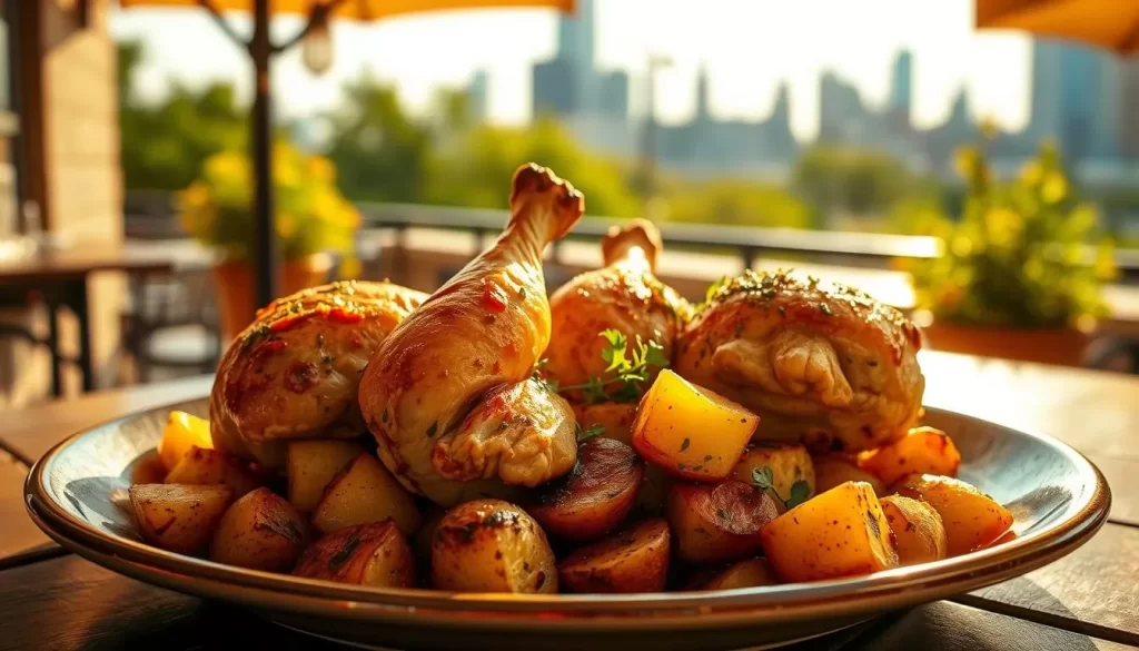 A mouth-watering dish of Chicago's signature Chicken Vesuvio, featuring golden-brown roasted chicken quarters nestled atop a bed of perfectly cooked, herb-infused roasted potatoes. The scene is set in a quaint, sun-dappled outdoor cafe setting, with a backdrop of the iconic Chicago skyline in the distance. The lighting is warm and natural, casting a welcoming glow over the vibrant, appetizing presentation. The camera angle is slightly elevated, offering a tantalizing, three-quarter view of the dish, showcasing its scrumptious details and the restaurant's charming ambiance.