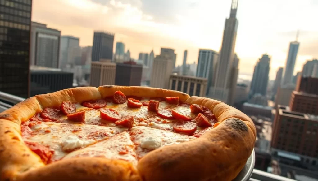 A mouthwatering deep-dish pizza with a buttery, golden-brown crust overflowing with melted mozzarella cheese, spicy Italian sausage, and vibrant tomato sauce, surrounded by a bustling urban landscape of towering skyscrapers and iconic architecture under a bright, warm sky with soft, diffused lighting. Capture the quintessential Chicago pizza experience in a high-resolution, photorealistic image showcasing the perfect balance of savory flavors and the city's vibrant energy.