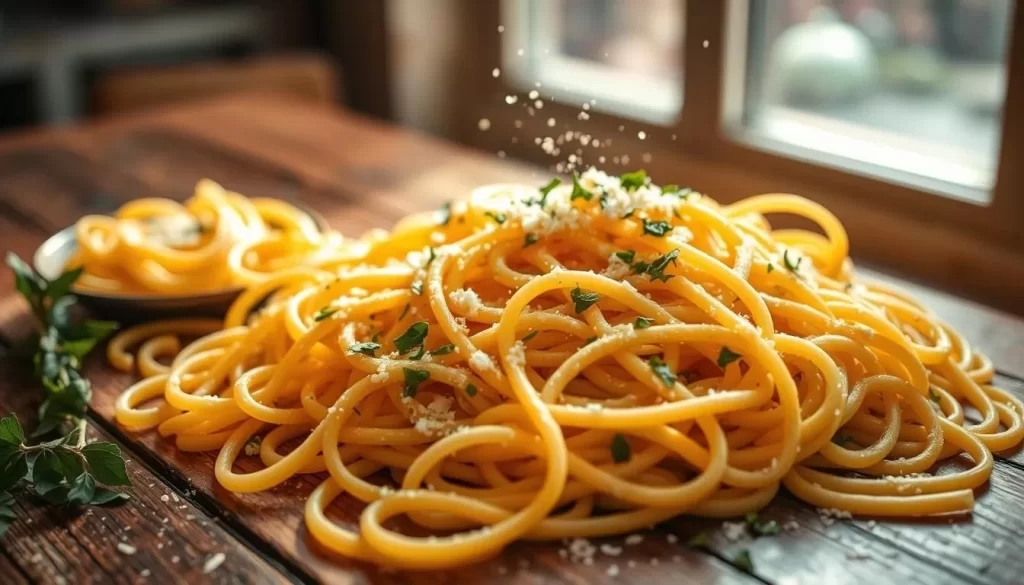 A mouthwatering display of fresh, al dente pasta nestled on a rustic wooden table, glistening with a light drizzle of olive oil and sprinkled with finely chopped herbs. The noodles, in a variety of shapes and sizes, create a visually captivating composition, bathed in warm, diffused sunlight that filters in through a nearby window. The earthy, inviting scent of the pasta mingles with the aroma of grated Parmesan and a hint of garlic, setting the stage for a truly authentic Italian culinary experience. The scene evokes a sense of comfort, quality, and the artistry that goes into crafting the perfect plate of pasta, as if captured in a cozy trattoria in the heart of New York City.