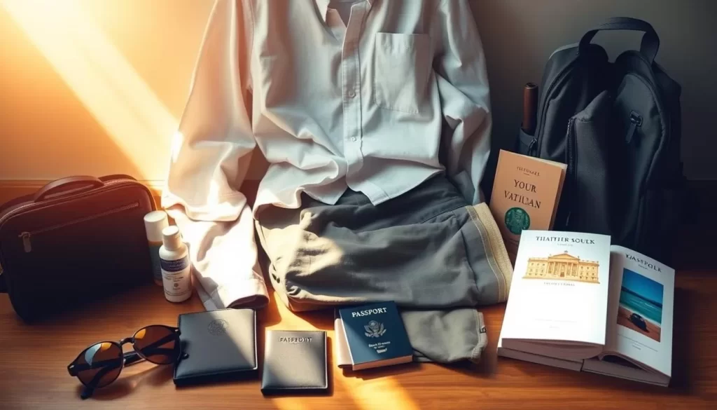 A neatly arranged collection of essential items for a Vatican visit, bathed in warm, natural light. In the foreground, a travel-sized toiletry set, sunglasses, and a passport case. In the middle, a lightweight, breathable outfit with a button-down shirt, slacks, and comfortable walking shoes. In the background, a sturdy, compact backpack, a small umbrella, and a guidebook. The overall atmosphere is one of preparation and anticipation, with a focus on practicality and versatility for a weather-savvy Vatican excursion.