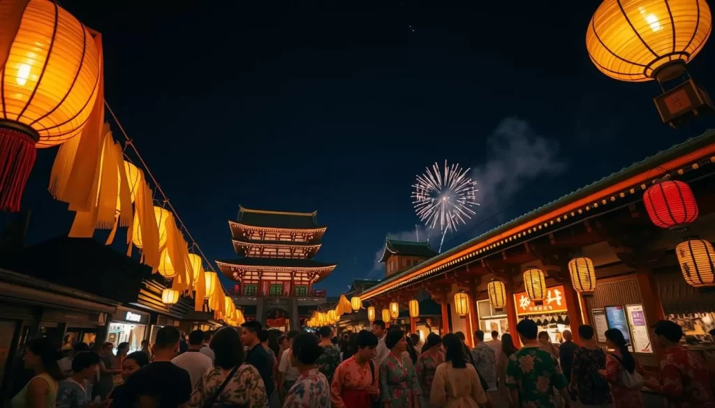 A nighttime festival scene in Japan, captured with a wide-angle lens to showcase the vibrant atmosphere. In the foreground, lanterns and paper streamers sway gently in a light breeze, casting a warm, golden glow. In the middle ground, people stroll through the bustling crowds, dressed in colorful yukata robes. The background features the silhouettes of ornate temples and shrines, their intricate architecture accentuated by strategically placed spotlights. The sky is a deep indigo, punctuated by the twinkling of stars and the occasional burst of fireworks. The overall mood is one of celebration, tradition, and a sense of timelessness.