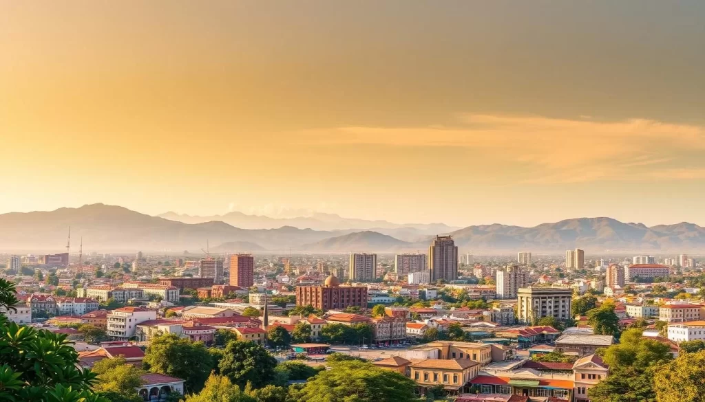 A panoramic cityscape of Antananarivo, Madagascar, bathed in warm, golden sunlight. In the foreground, lush greenery and vibrant local markets bustling with activity. The mid-ground showcases a mix of colorful, colonial-style buildings and modern high-rises, their intricate architectural details casting dramatic shadows. In the distant background, the undulating hills and mountains provide a stunning natural backdrop, their peaks shrouded in wispy clouds. The scene captures the distinct blend of urban and natural elements that define this vibrant African city, inviting the viewer to explore its rich cultural tapestry.