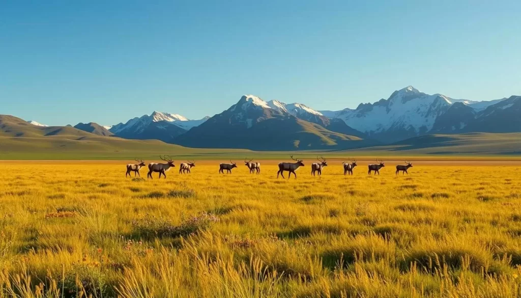 A panoramic landscape of Wapusk National Park, Manitoba, Canada. In the foreground, a grassy meadow with vibrant wildflowers sways in a gentle breeze. In the middle ground, a herd of caribou grazes peacefully, their antlers silhouetted against the clear, azure sky. In the background, rugged, snow-capped peaks rise majestically, casting long shadows over the scene. The lighting is warm and golden, creating a serene, natural atmosphere. Capture this wildlife haven beyond the realm of polar bears, showcasing the diverse, thriving ecosystem of Wapusk National Park.